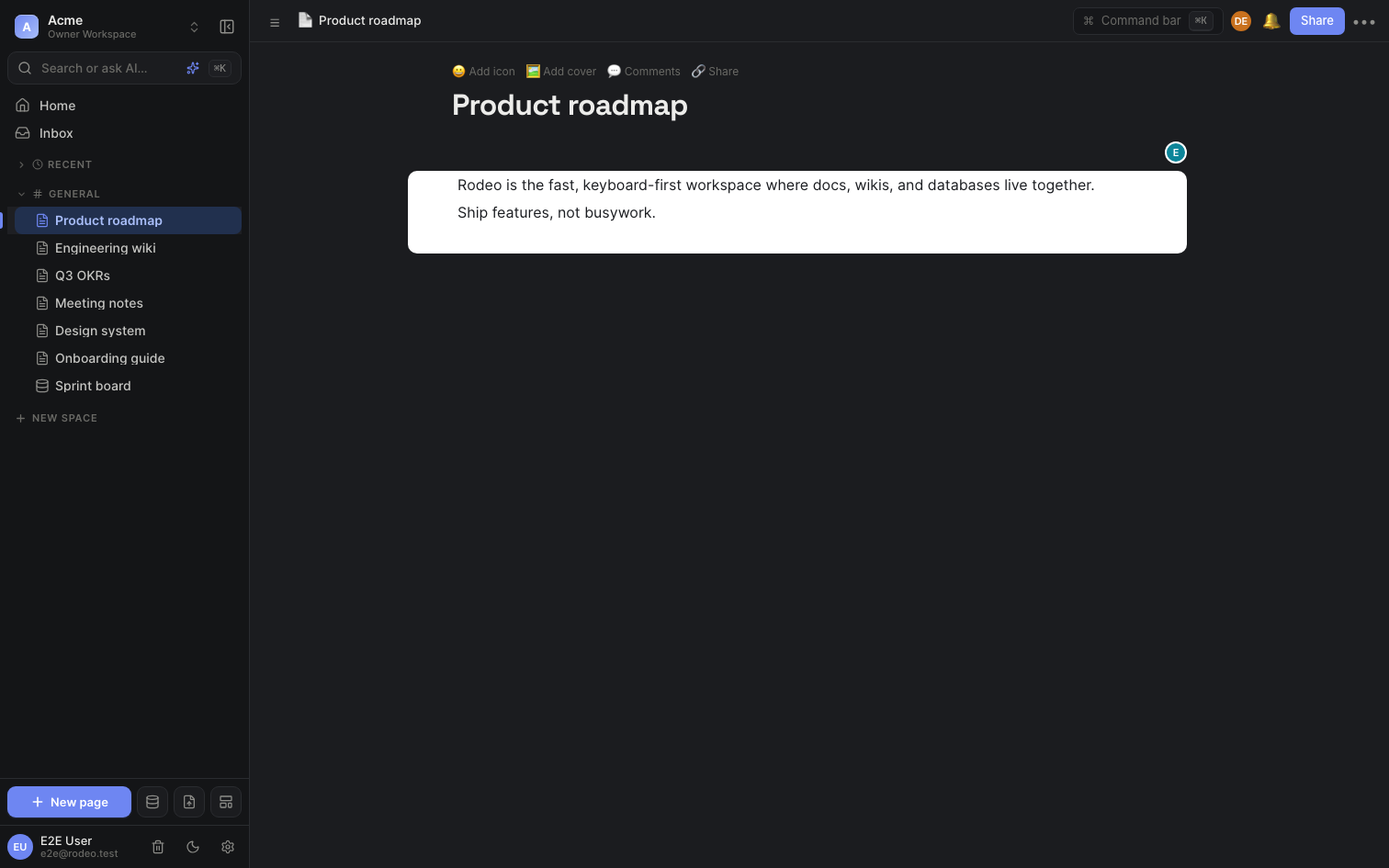 Rodeo in dark mode with the editor open