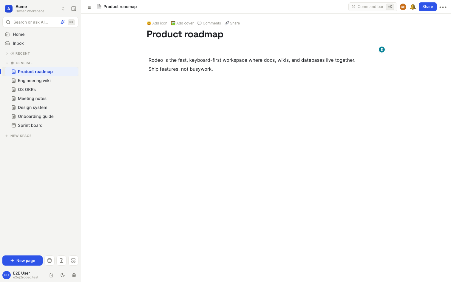 The Rodeo editor with a page open, sidebar of pages, and live presence